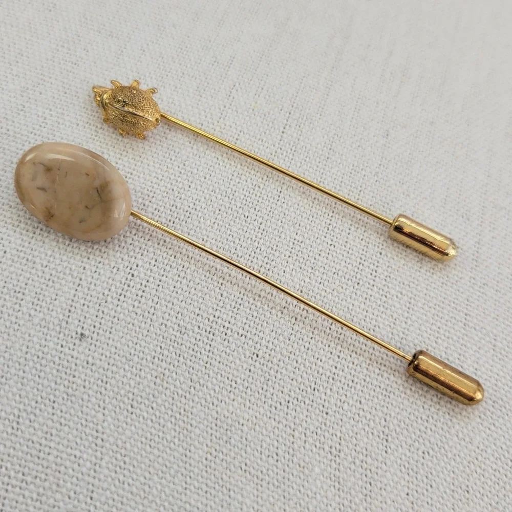 Vintage Gold Tone Stick Pin Ladybug Beetle and Faux‎ Stone Agate Stone